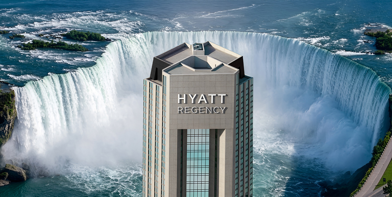 A tall hotel looking over Niagara Falls.